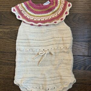 Bebe Organic crochet romper with colorful collar, Size 9 months